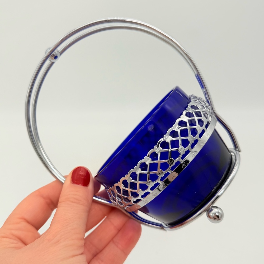 Art Deco Vintage Chrome Bowl | Cobalt Blue Glass Insert | Candy Jam Sugar Dish